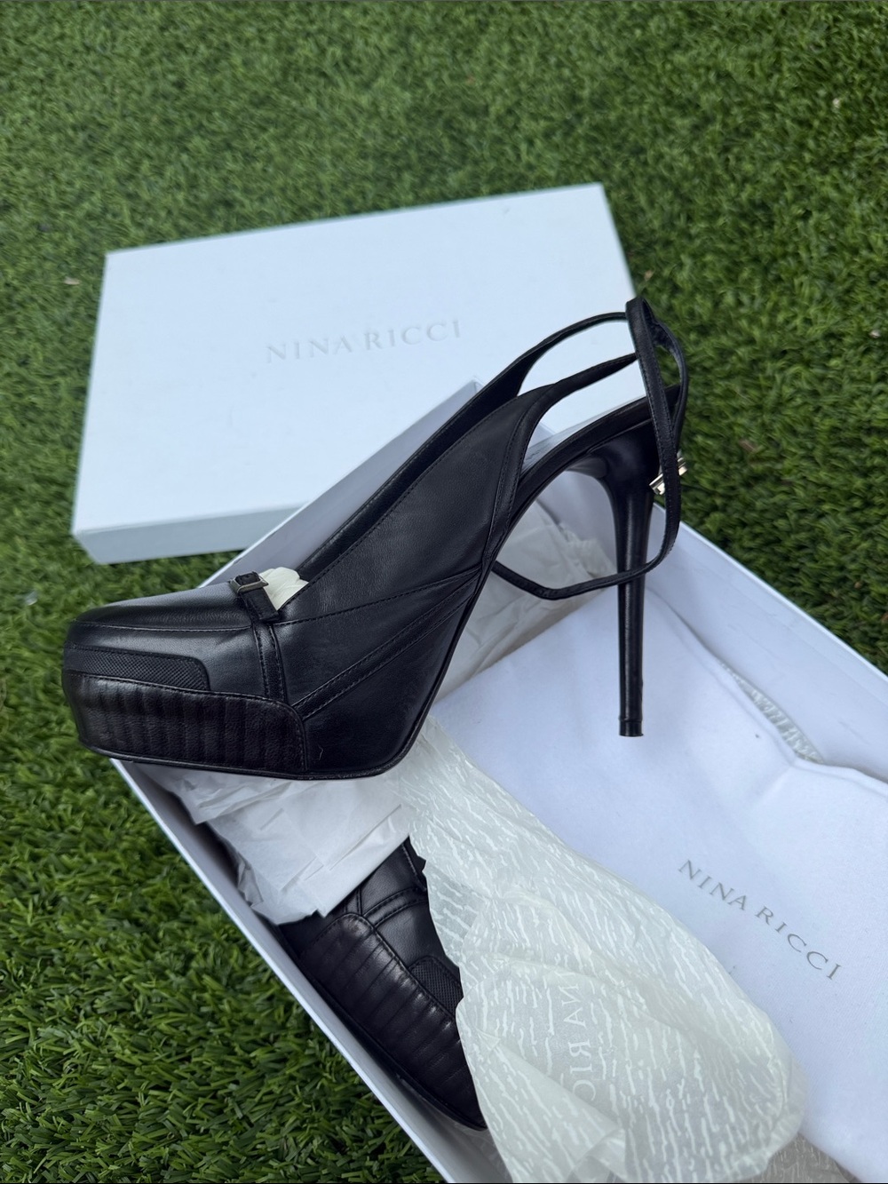 Nina Ricci Black Leather Platform Slingback Heels